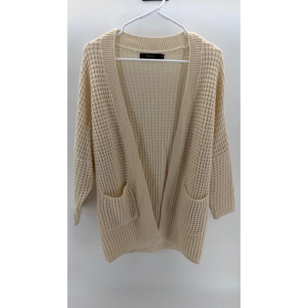ZESICA Cardigan Sweater Women Small Cream Excellent Drop Shoulder Waffle Knit